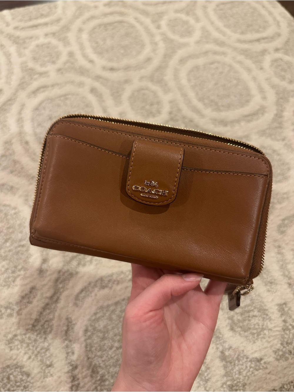 Coach Tan/Brown Leather Zip Wallet with wrist strap